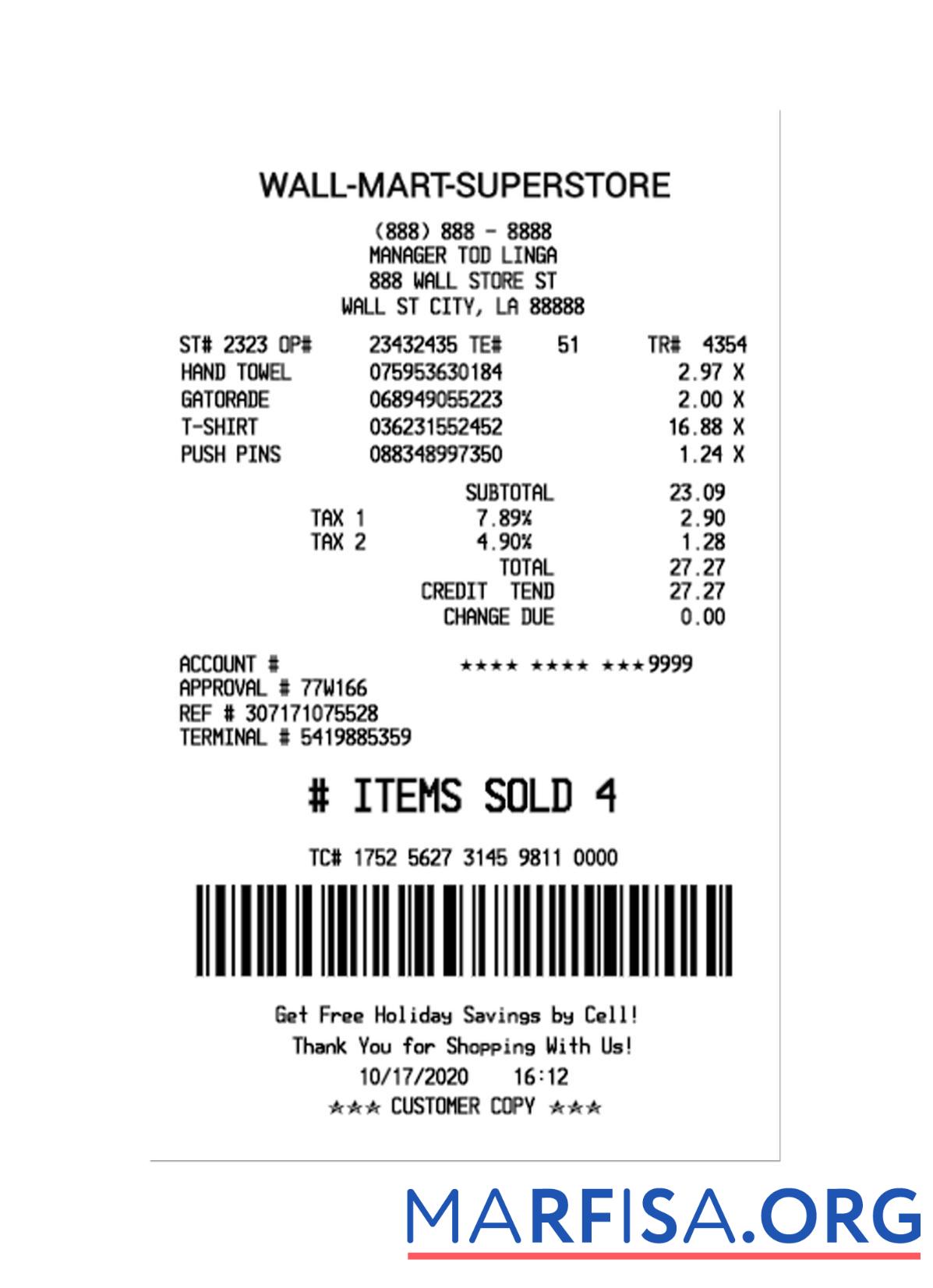 Blank WALL MART SUPERSTORE payment receipt download for verification